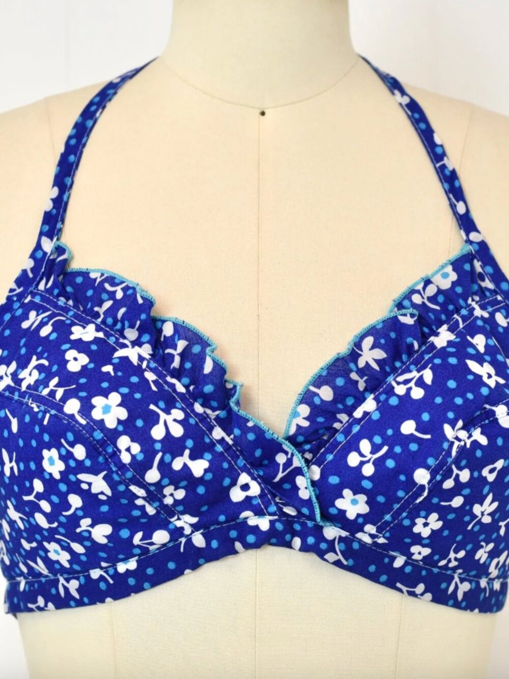 Vintage 1970s Floral Blue White Ruffle Union Made Halter Bra Top